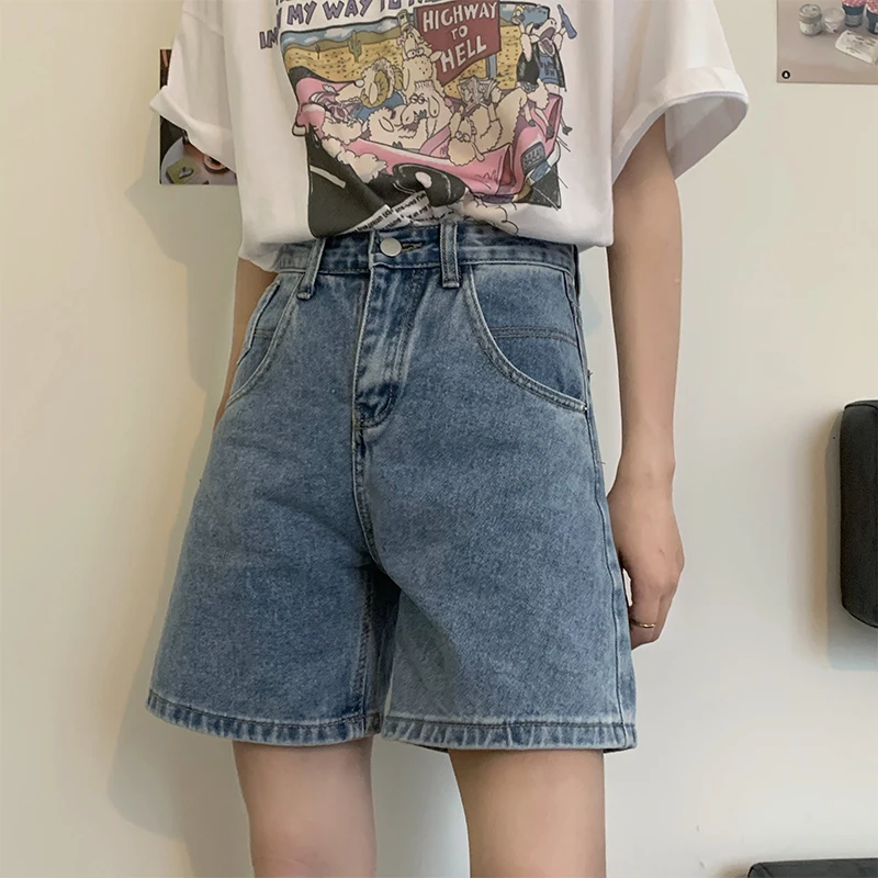 

Hzirip Summer New Korean Solid Color High Waist Slimming Denim Girl 2021 Fashion Casual All-Match Wide-Leg Five-Point Pants