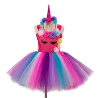 lovely girl color matching bright unicorn rainbow mesh all match princess dress holiday show tutu skirt children clothing