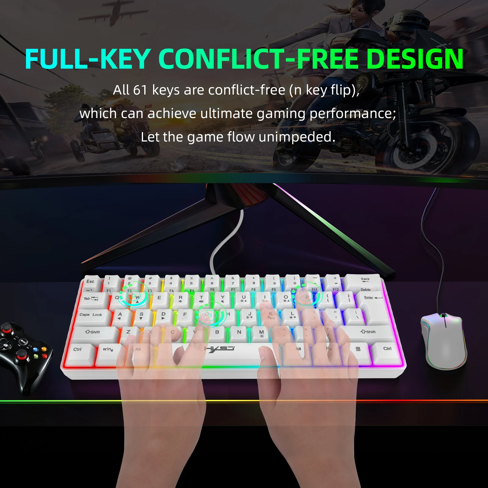 hxsj 60 wired 61 keys gaming keyboard rgb backlit ultra compact mini keyboard us business for pc mac ps4 gamer free global shipping