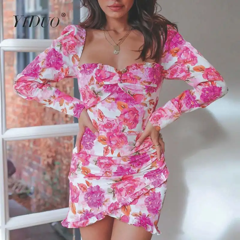 

YiDuo Floral Print Long Puff Sleeve Spring Autumn Dress Elegant V-Neck Bodycon Short Dress Sexy Pink Ruffles Party Dress Vestido