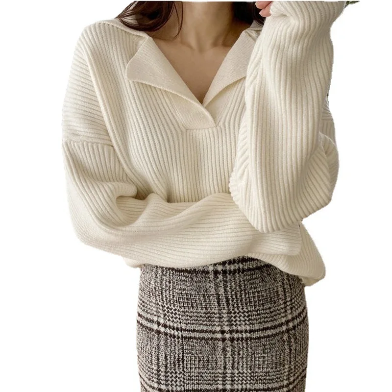 

Turn-down Collar Sweater Women Vintage Solid Casual Knit Pullover Sweater Long Sleeve Winter Lady Oversized Sweater Jumper