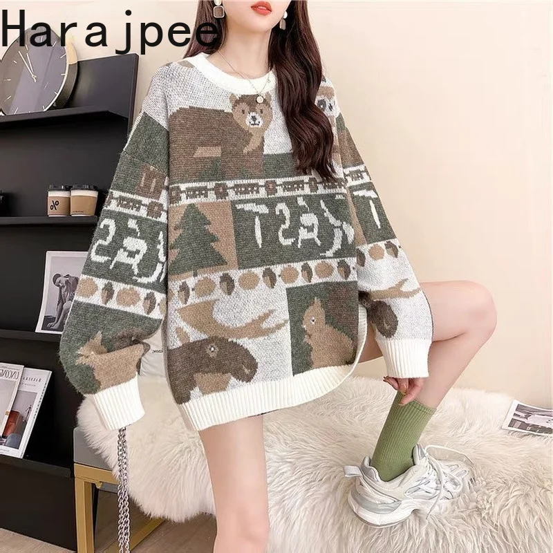 

Женский вязаный пуловер в стиле харадзпи, свободная верхняя одежда с круглым вырезом, универсальный свободный свитер в стиле ретро с мульти...