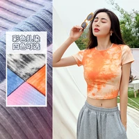 navel color tie dye t shirt women summer cotton short sleeved round neck stretch top breathable slim fit threaded pullover shirt