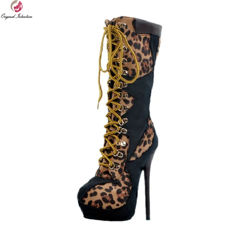 

Original Intention New Sexy Women Mid-Calf Boots Platform Round Toe Thin High Heels Boots Leopard Shoes Woman Plus US Size 4-15