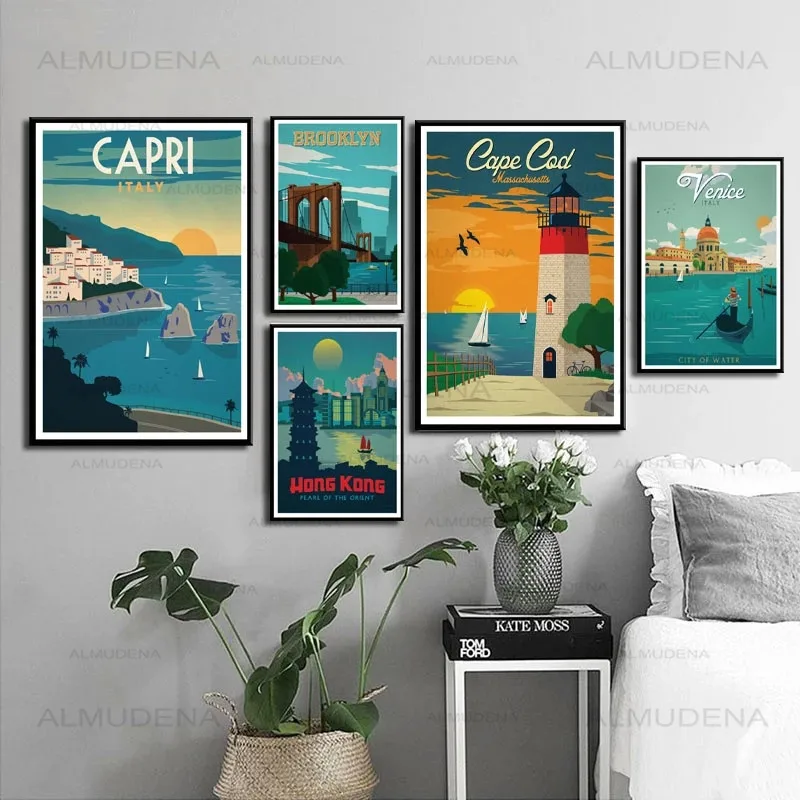 

Nordic Vintage Travel Cities Poster New York Netherlands Amsterdam London Landscape Art Canvas Painting Wall Pictures Home Decor