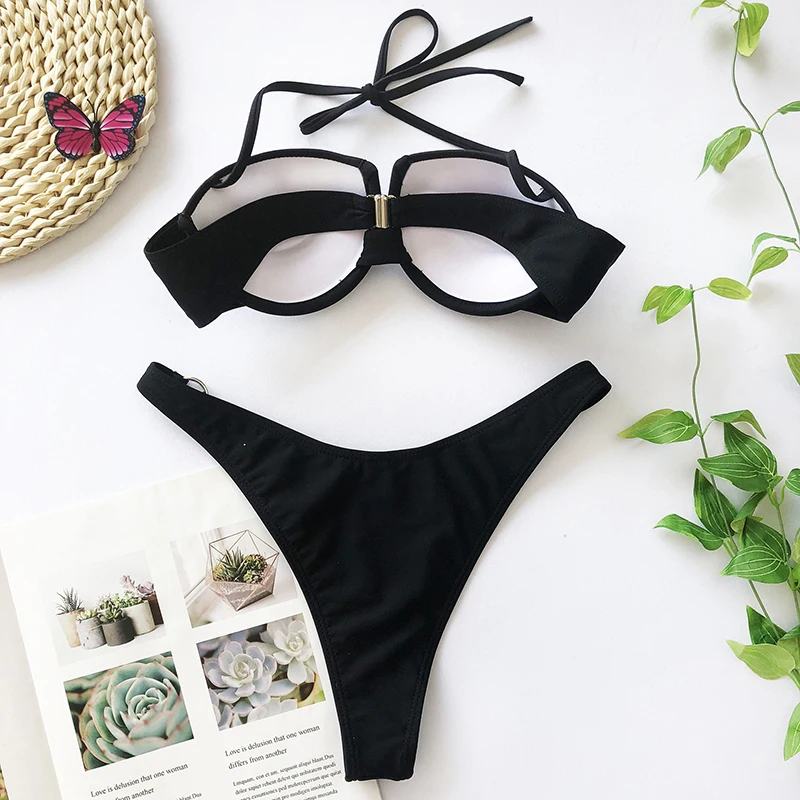 Сексуальный женский купальник-бикини с лямкой на шее принтом высокой талией и