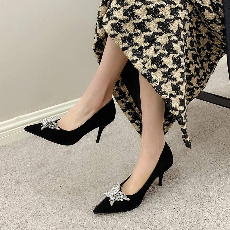 

FEDONAS Eleagnt Crystal High Heels Pumps Female Concise Suede Leather Pointed Toe Shoes Woman Spring Newest Night Club Shoes