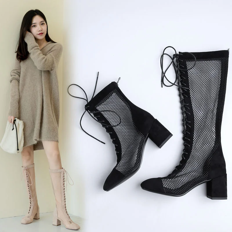 

Женские ботинки в сеточку, Новинка лета 2021, весенние женские ботинки, босоножки с перекрестными ремешками на Высоком толстом каблуке, яркие ...