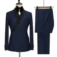 Novo design azul marinho duplo breasted ternos masculinos ajuste fino traje homme casamento smoking 2 peças noivo festa de formatura melhor homem blazer (2)