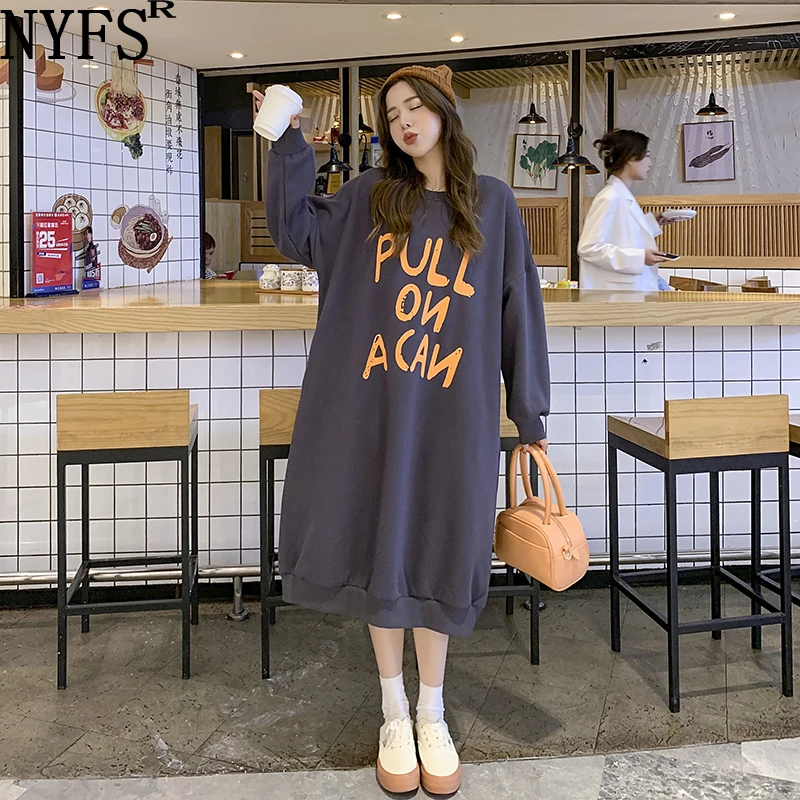 

NYFS 2021 New Korean Autumn Winter Loose Thickened lamb cashmere Woman Dress Vestidos Robe femme Elbise Fat MM Hoodie Dress