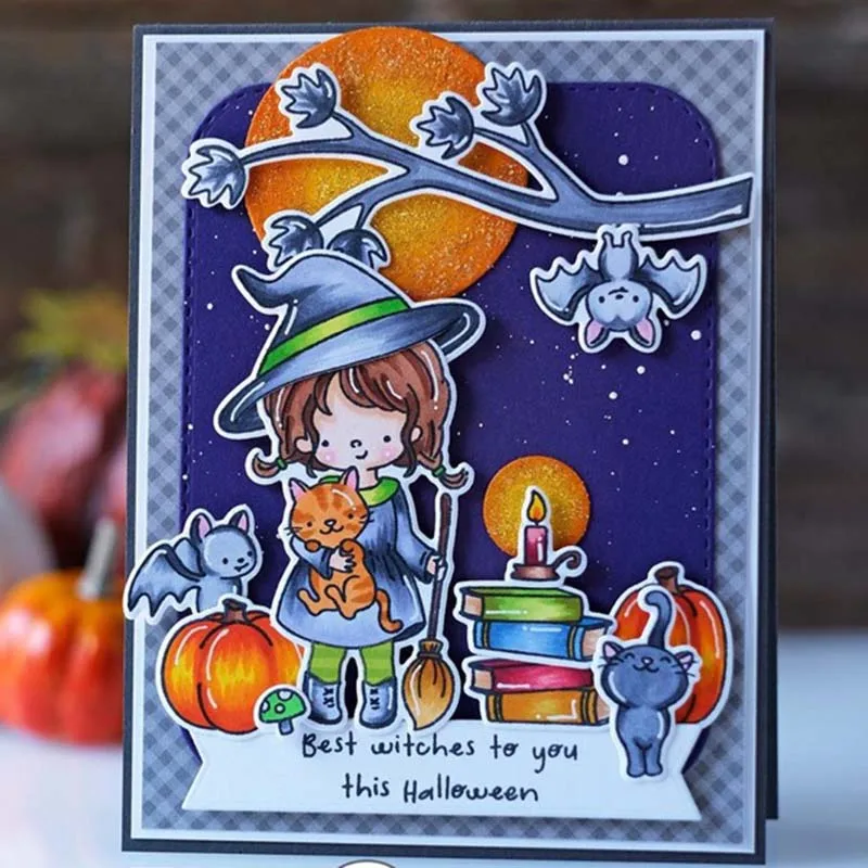 Металлические штампы с маленькой ведьмой на Хэллоуин и прозрачные для рукоделия