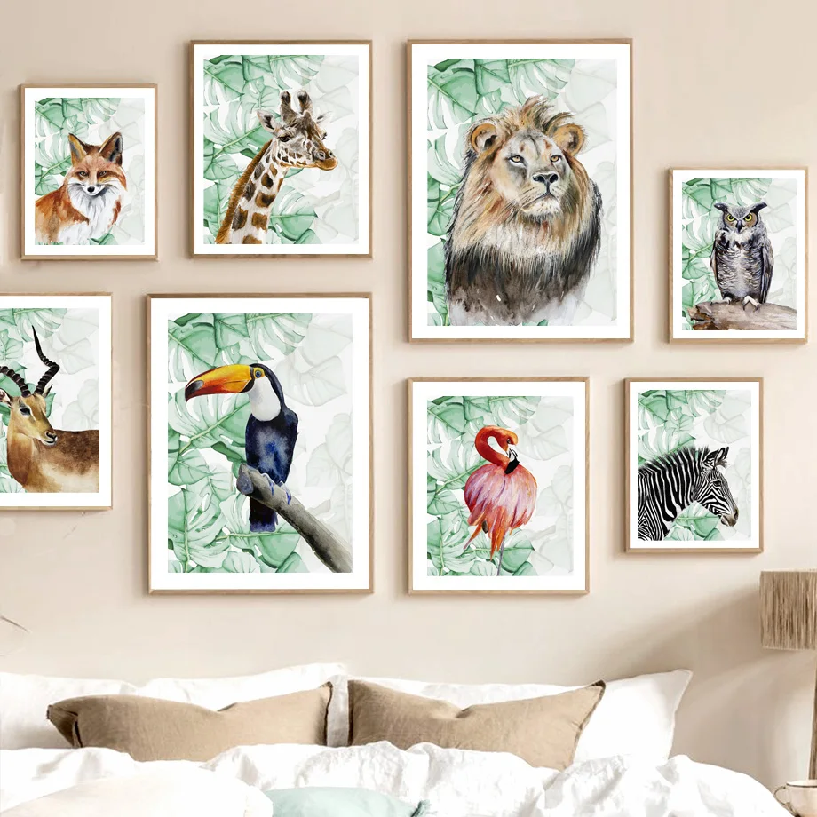 

Monstera Toucan Fox Giraffe Zebra Lion Watercolor Art Canvas Painting Nordic Posters And Prints Wall Pictures Living Room Decor