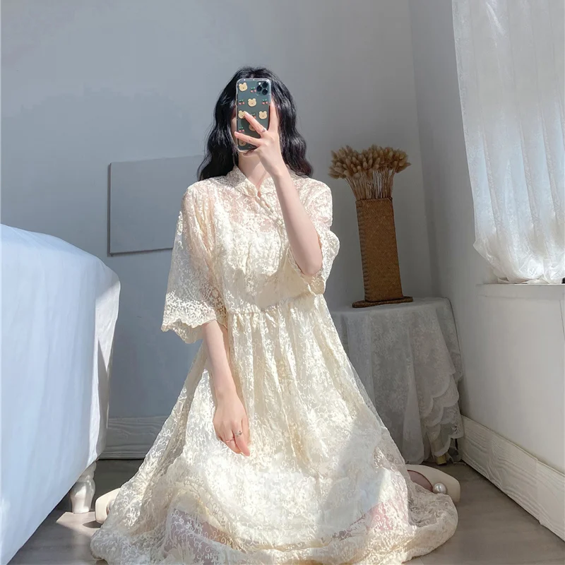 

DIMANAF 2021 Oversize Summer Lace Maxi Dress Women Vintage Vestidos Dress White Casual Plant Floral Print Style Dresses 4XL