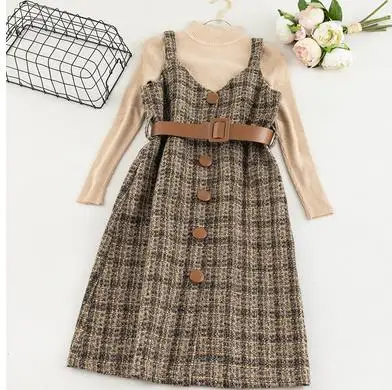 apricot 1 Sanishroly, комплект из двух предметов, Осень-зима, Женское шерстяное платье на бретелях с поясом, клетчатое платье, комплекты, женский свитер с длинным рукавом, Vestidos 815 - Цвет: apricot 1