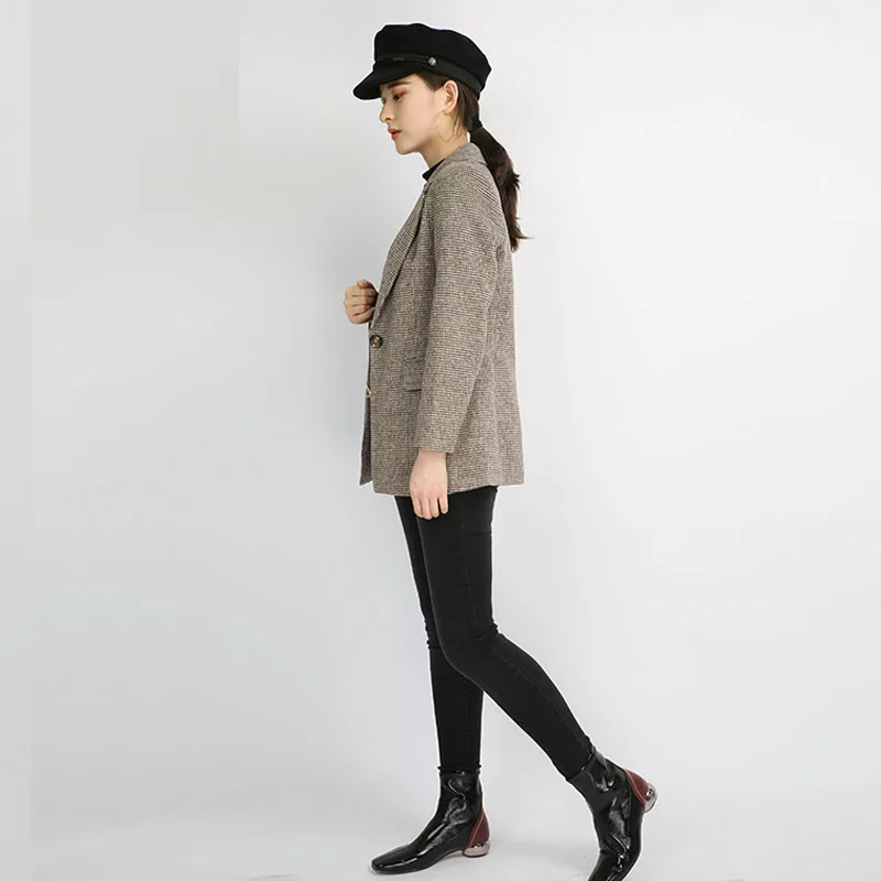 2019 приталенный Блейзер в клетку с одной пуговицей и длинными рукавами Женский