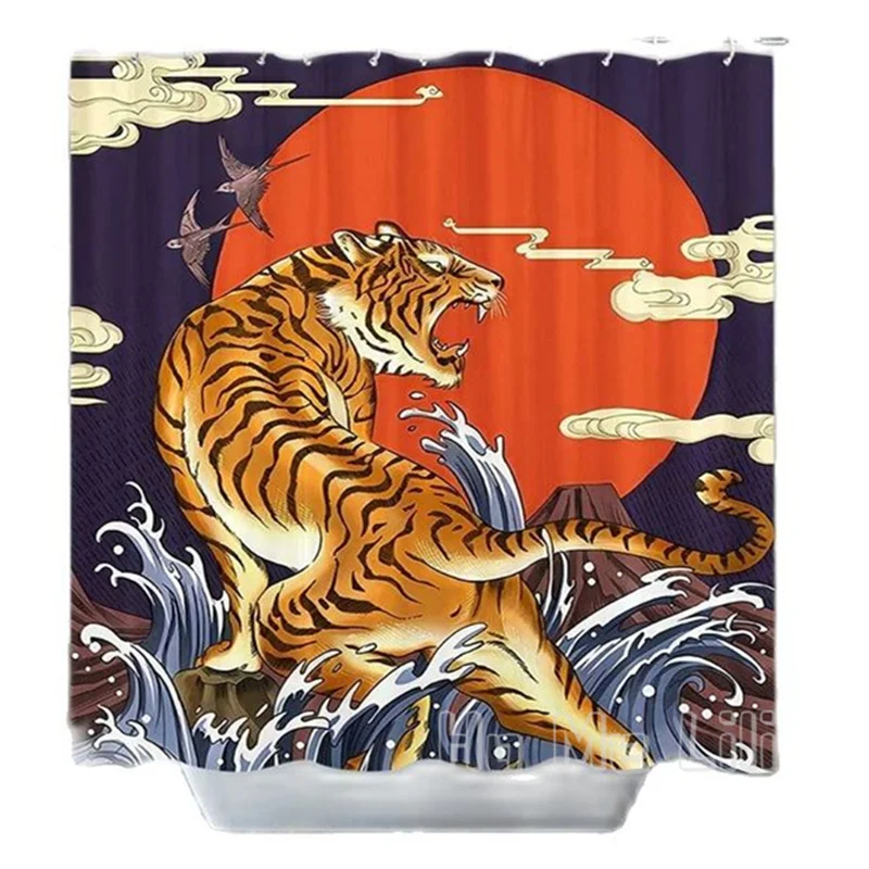 

Ukiyoe Tiger Shower Curtain By Ho Me Lili Waves Volcanic Sun With Hooks Clouds Bird Blue Background Mountain Bathroom Decoration