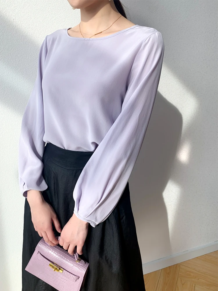 Women's 100% Mulberry Silk Crepe Silk Light Purple Round Neck long sleeve buttons back Shirt Top Blouse Office Work M L XL MM128