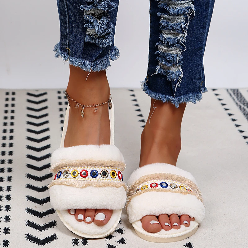 

Женские плюшевые шлепанцы на плоской подошве, домашняя хлопковая обувь с бахромой, зимние теплые меховые Шлепанцы из искусственного меха с ...