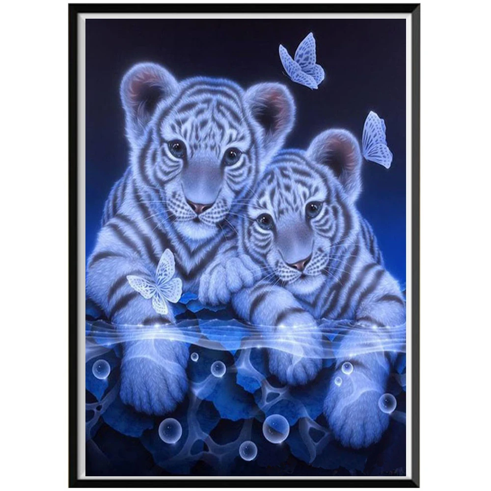 Pintura de diamante 5D, joyería de bricolaje, dos tigres, hecho a mano...