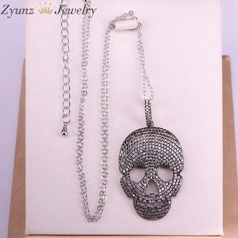 

4PCS, 26*36mm, CZ Micro Pave Skull Pendant Necklace, Clear Cubic zirconia pave skull charm pendant necklace