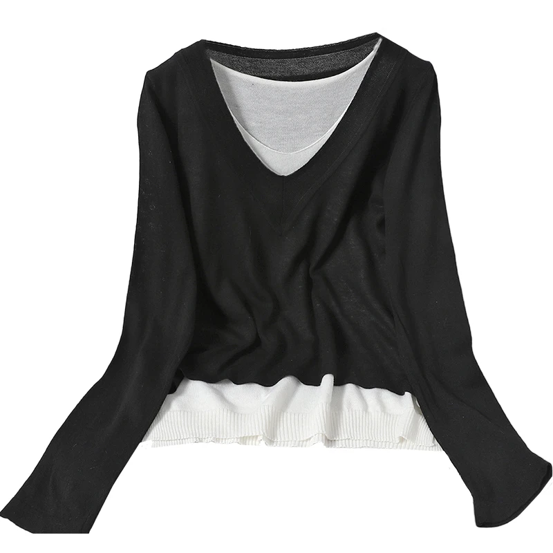 

contrast Pullover temperament fake two-piece top winter new versatile Korean simple and comfortable split knitted shirt