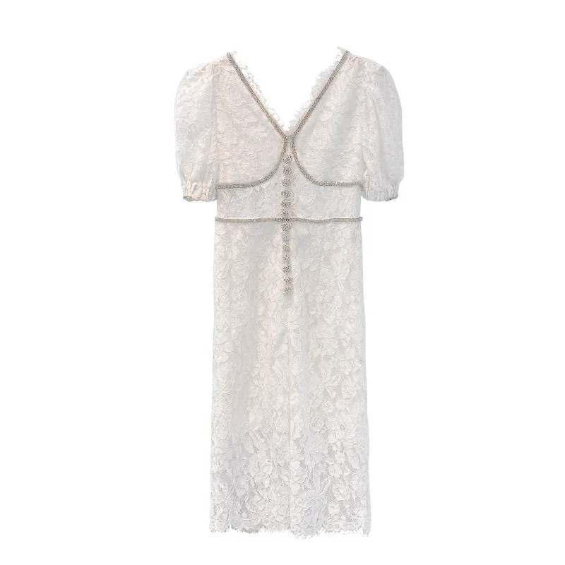 

"Anfiona" 20 summer diamond lace V-neck waist slim short sleeve medium length dress