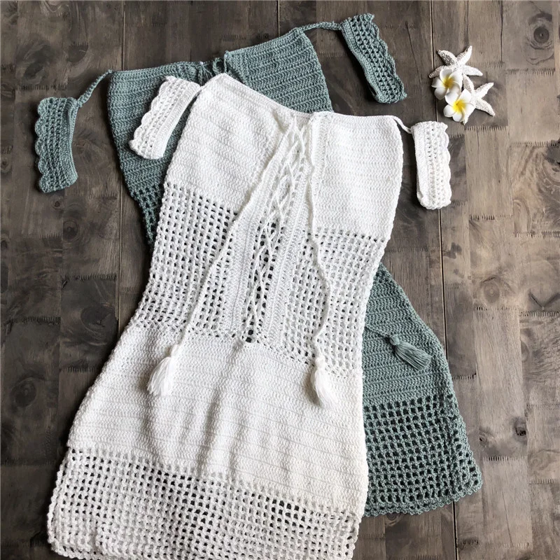 

Women Fashion Bandage Hollow-Out Dress Crochet Bikini Cover-Up Boho One Piece Swimwear Sexy Swimsuit