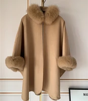runway style womens poncho genuine fox fur collar trim cashmere cape wool fashion style autumn winter warm coat
