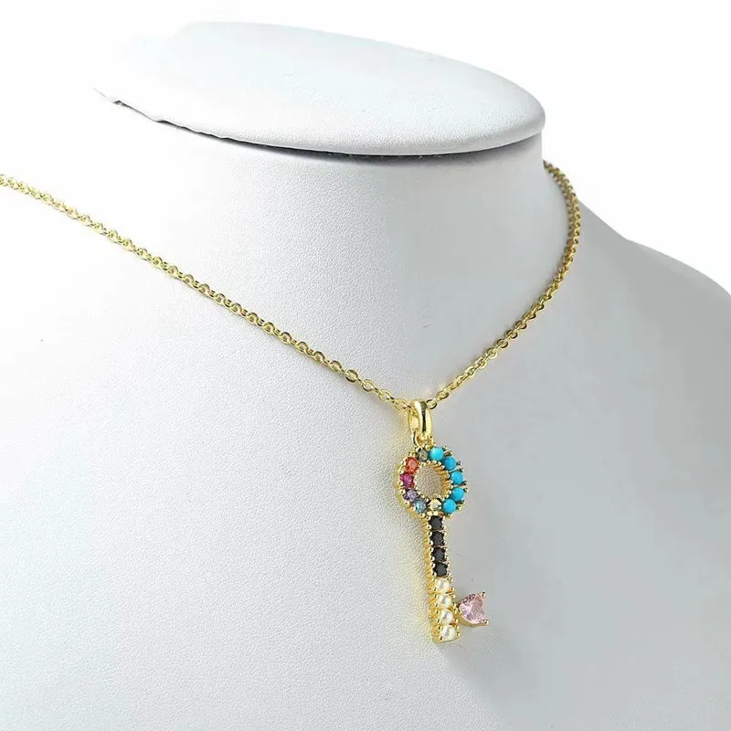 Gold Fashion Women Silver Rose Gold Stainless Steel Color Zircon Crystal Key Heart Pendant Necklace Jewelry - Окраска металла: Gold