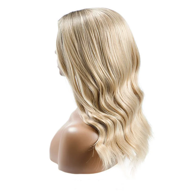 

Ombre Blonde Long Wavy Wigs for Women 18 " Honey Blonde Synthetic Wave Wig Heat Resistant Middle Part American Cosplay Fake Wig