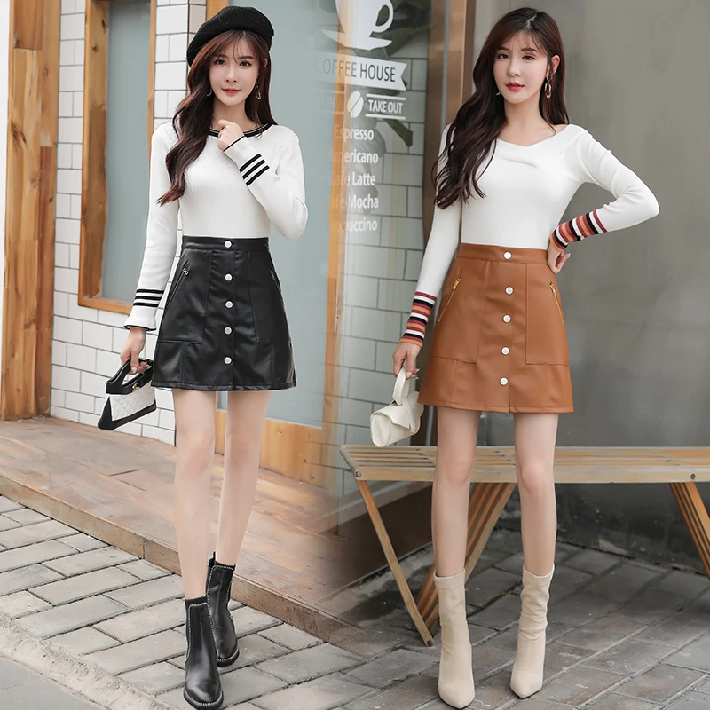 Черная кожаная юбка цвета хаки 2019 Новое поступление осенне-зимних юбок с одной