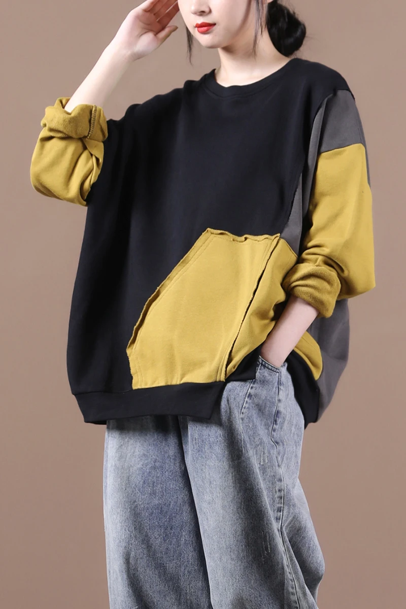 

Female new autumn and winter korean style plus size artistic contrast stitching o- neck long-sleeved loose sweatershirt