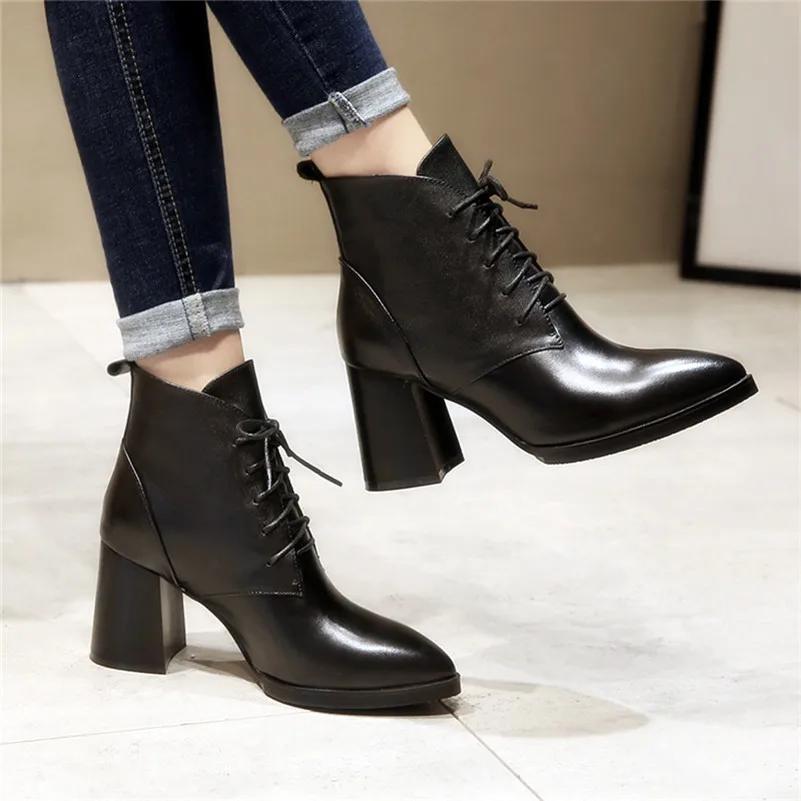

Meotina Autumn Ankle Boots Women Natural Genuine Leather Chunky Heel Short Boots Lace Up Super High Heel Shoes Lady Fall Size 39