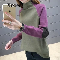 wool sweater stitching multicolor turtleneck autumn winter new womens turtleneck sweater loose korean color matching long