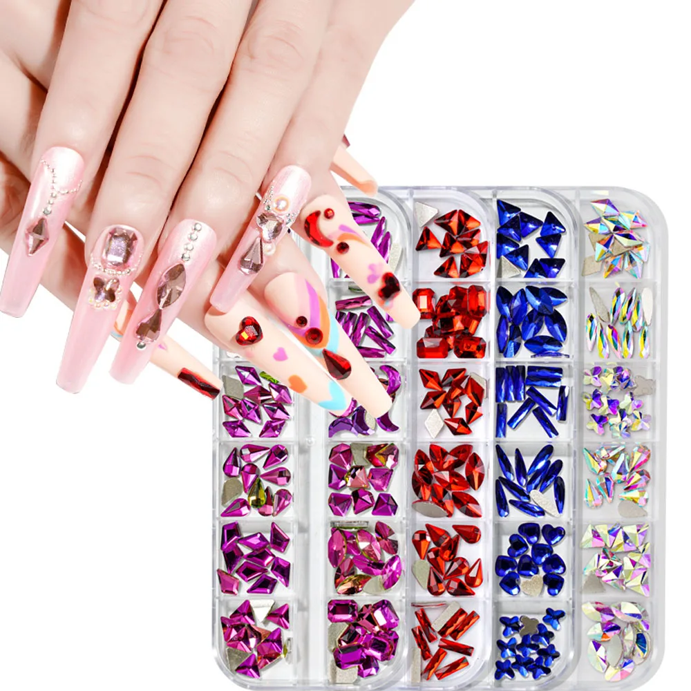 

1Box Multi Shape Nail Art Rhinestone 12Gird AB/Gold/Sliver Color Flat Back Crystal Diamond 3D Jewelry Stone Manicure Decorations