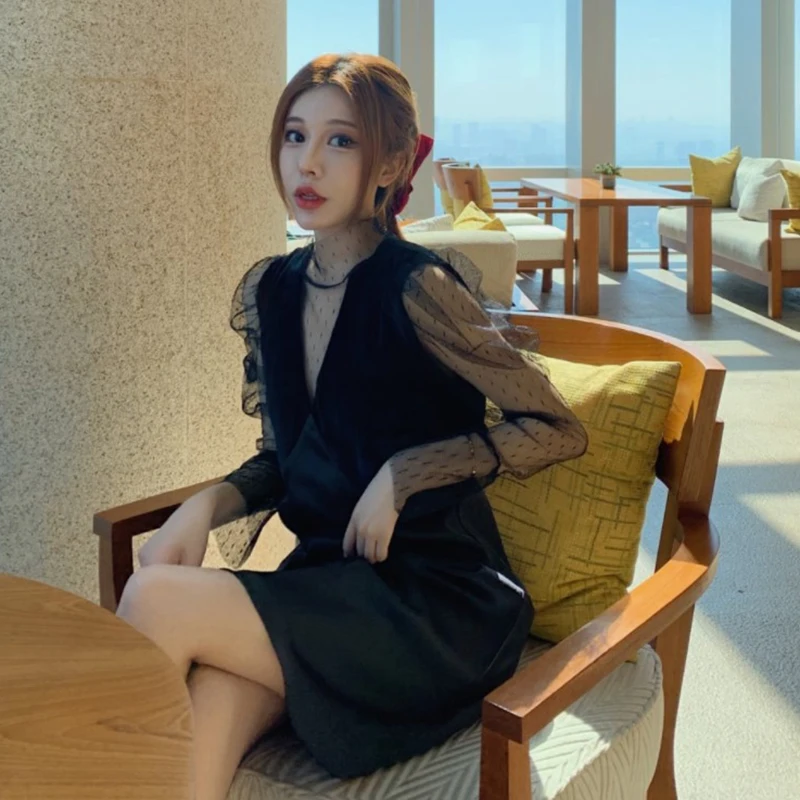 Joinyouth платья корейский Мини Тюль лоскутное Ropa Mujer глубокий v-образный вырез