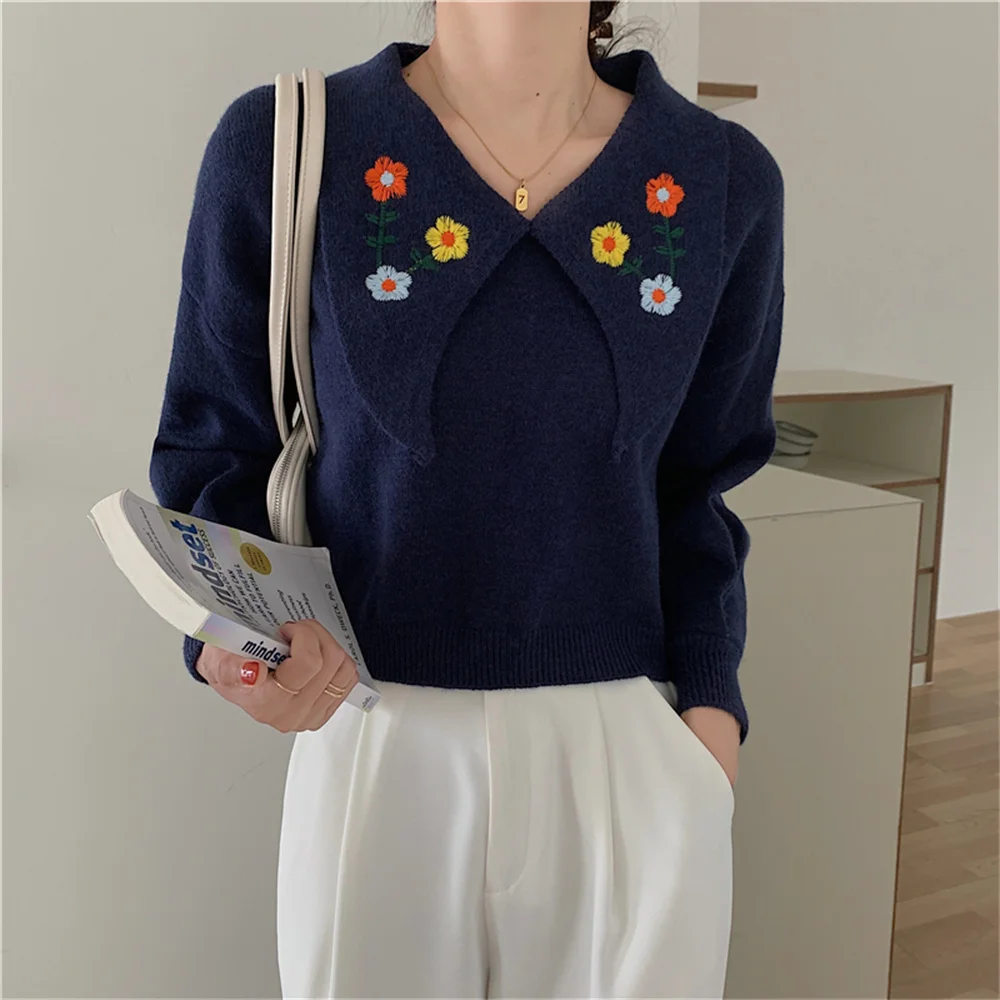 

대한민국 Gentle Retro Women Sweaters Flowers Embroidery Lantern Sleeve Knitted Pullover Lapel Sweet Hot Office Lady Jumpers