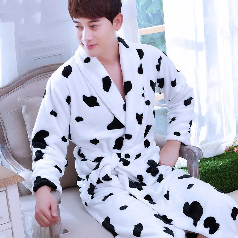 Men&women Coral Fleece Print Bow Robe Flannel Sleepwear Kimono Bathrobe Gown Winter Warm Thick Home Dressing Gown