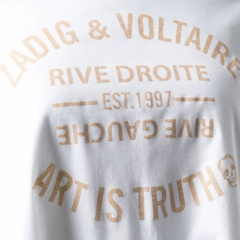 

White Casual Letter Gilding Print Ladies Summer Cotton T-Shirt Female Short Sleeve Slim Loose Top Ladies Designed New Tees ML044