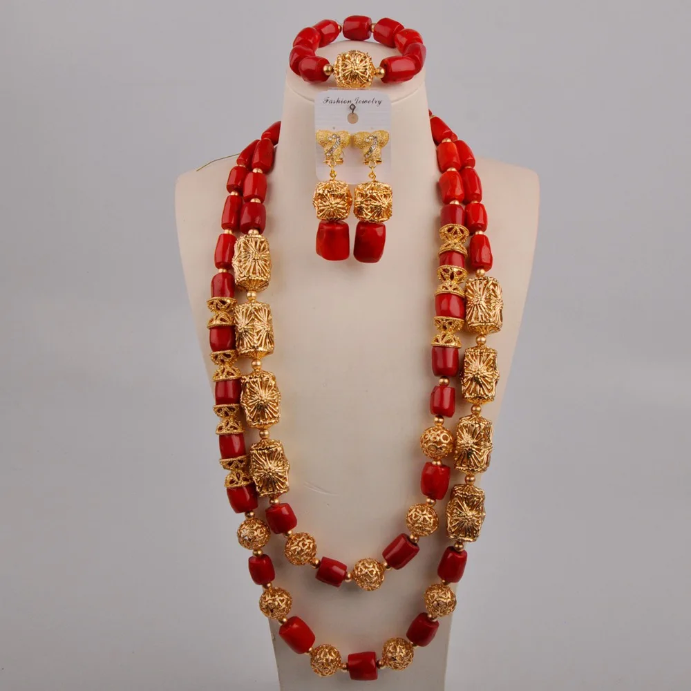 

Nigerian Wedding African Beads Red Coral Jewelry Set 24inches Costume Necklace Dubai Gold Bridal Jewelry Sets for Women
