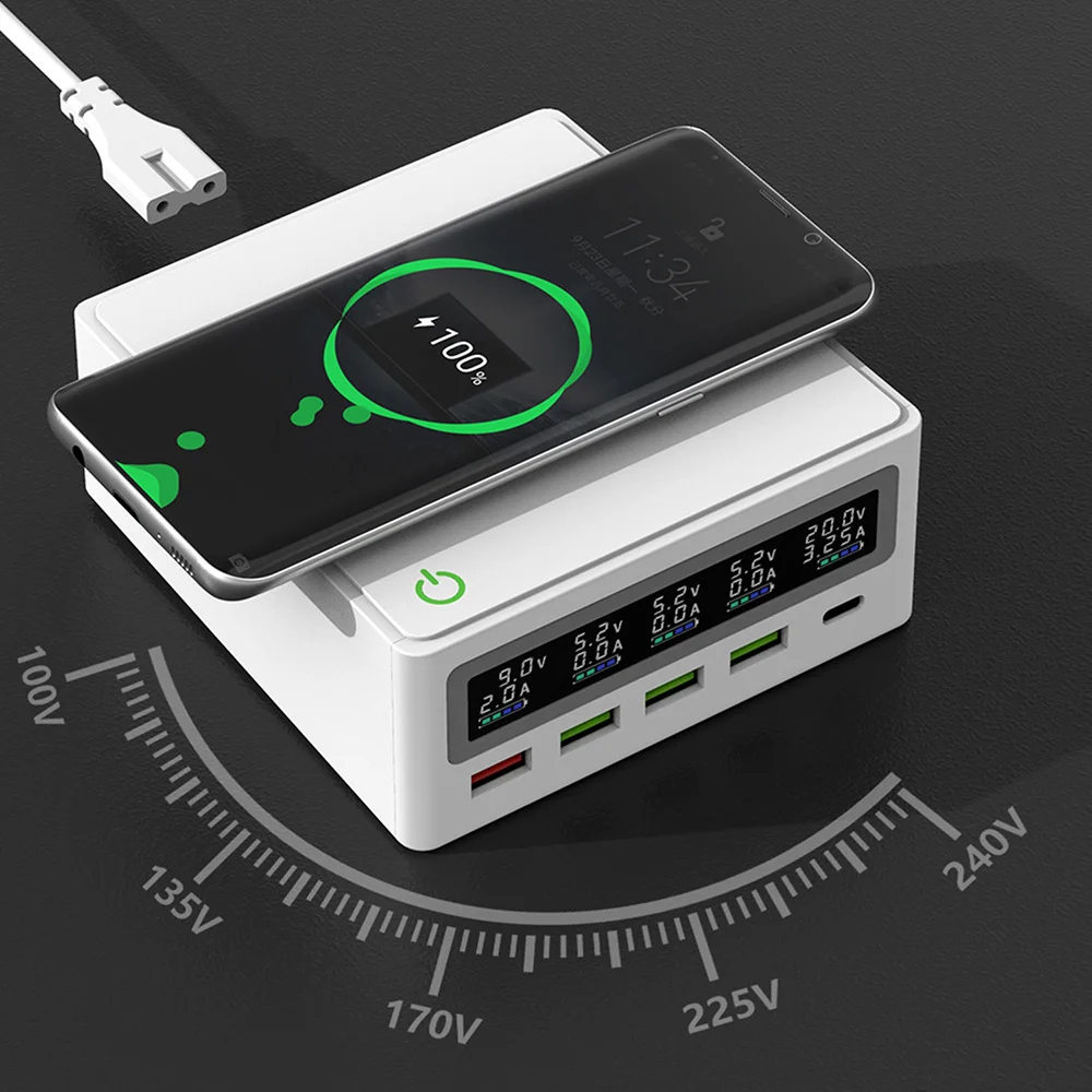 

iLEPO 5-Port USB Charger Type C PD 65W QC3.0 Power Adapter Qi Wireless Charger LCD Fast Charger For iPhone Tablet