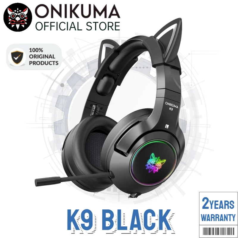 Наушники Onikuma K9 с кошачьими ушками, черные наушники с микрофоном, с шумоподавлением и светодиодной подсветкой - изображение