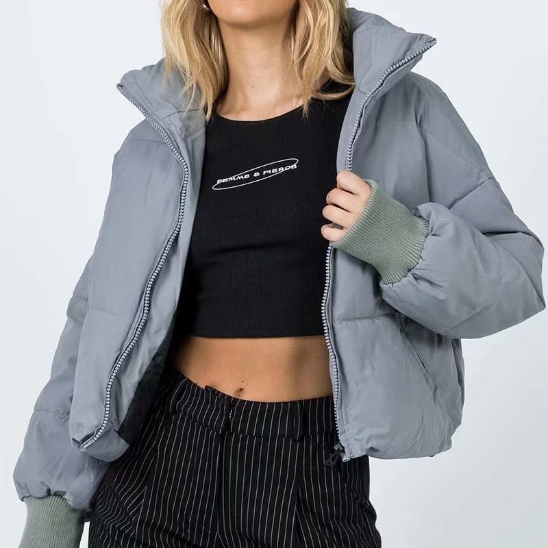 INS Style Women's 2021 Autumn and Winter Style Stand-up Collar Zippered Bread Suit Double Pocket Long Sleeve Basic Cotton Suit