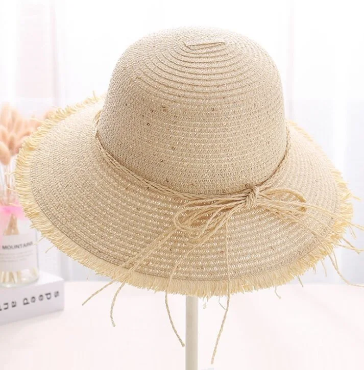 

DONGYUN017 Floppy straw hat Summer Women casual Bowknot Ribbon Lace sunscreen sun hat Wide brim Panama Holiday beach caps