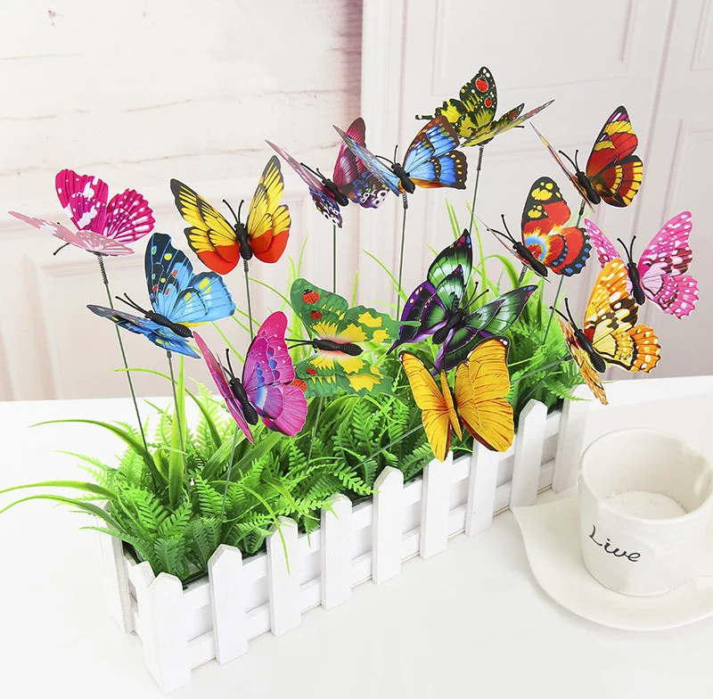 

100pcs/lot Bunch of Butterflies Fairy Garden Yard Planter Simulation Colorful Butterfly Stakes Outdoor Flower Pots Decoration