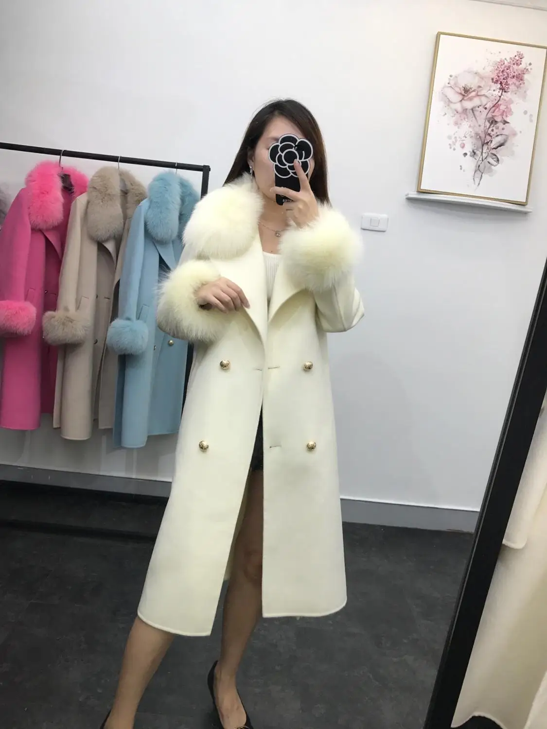 2019 Natural Fox Fur Collar Wool double-faced coat Warm Cashmere outerwear Winter Thick Jacket Slim Belt Ladies Streetwear | Женская