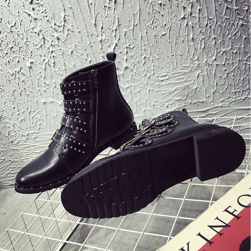 

35-43 European Dresigner Rivets Booties Buckle Straps Thick Heel Black Ankle Boots Studded Motorcycle Boots Belt Buckle Bootas