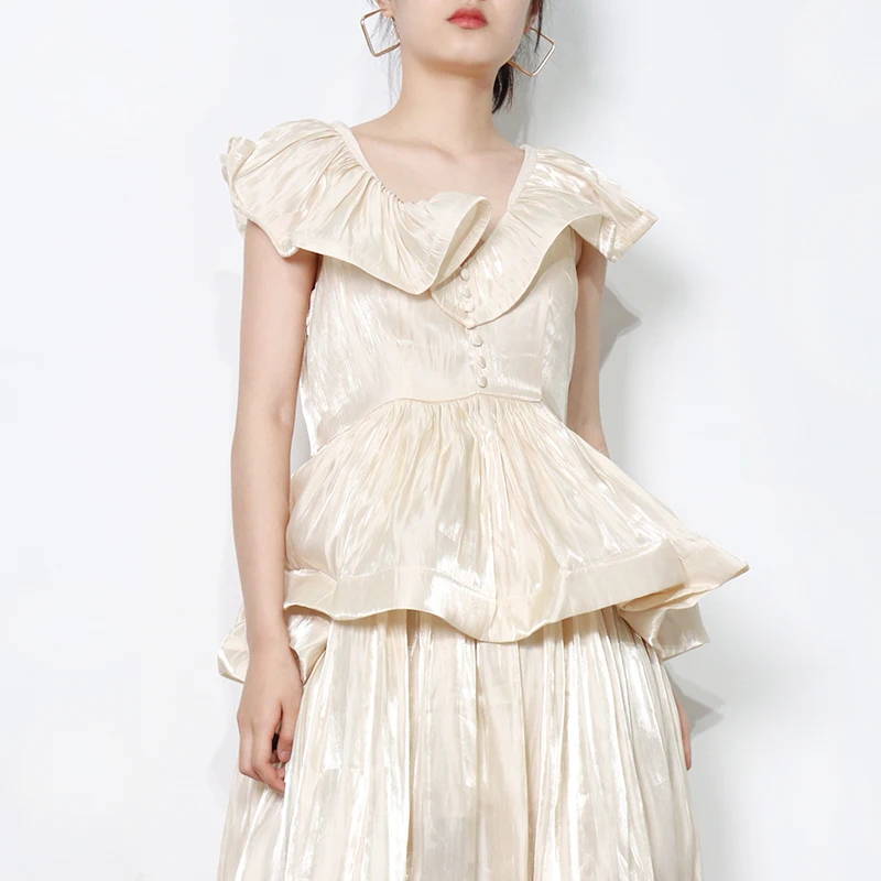 

Elegant Patchwork Ruffle Dress For Women V Neck Short Sleeve High Waist Ball Grown Party Dresses Female Fashion New