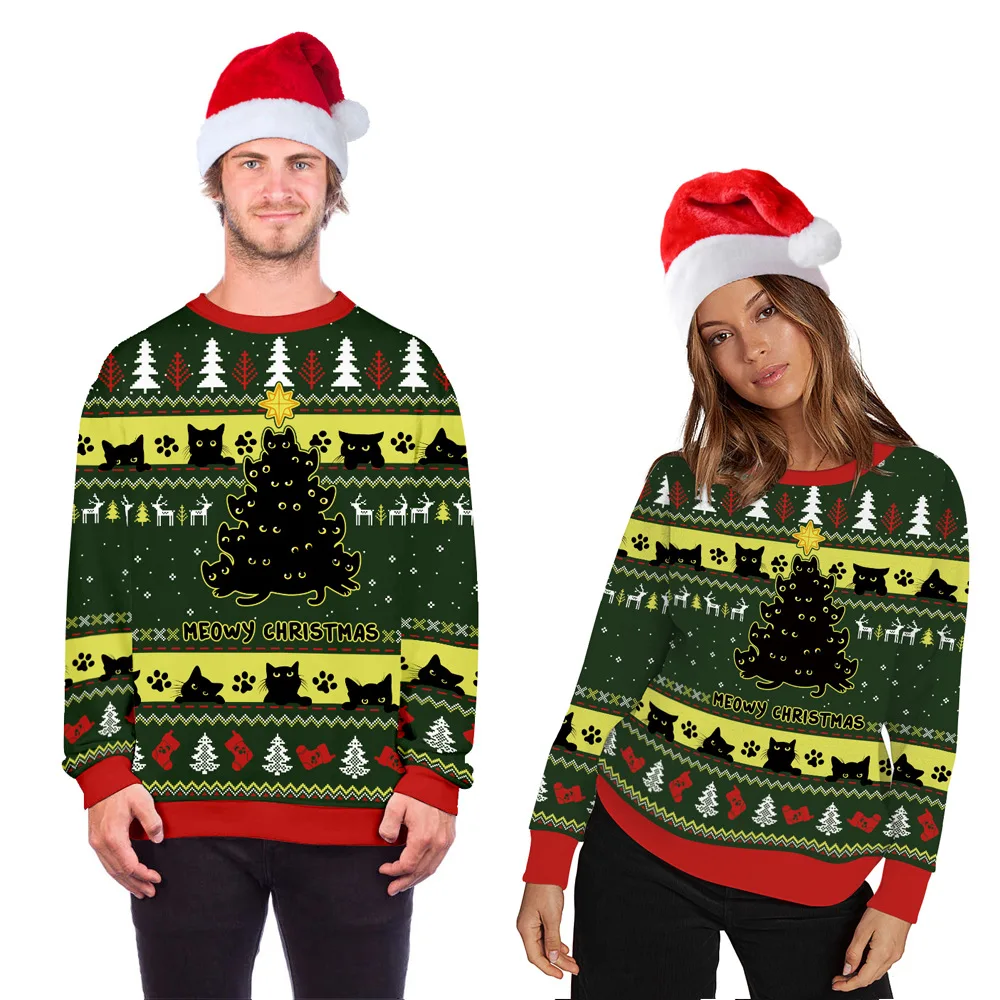 

Christmas O Neck Sweater for Women Men Ugly Funny Cat Printed 2021 Female XMAS Clothing Polyester Ladies Sweatshirt Pullover