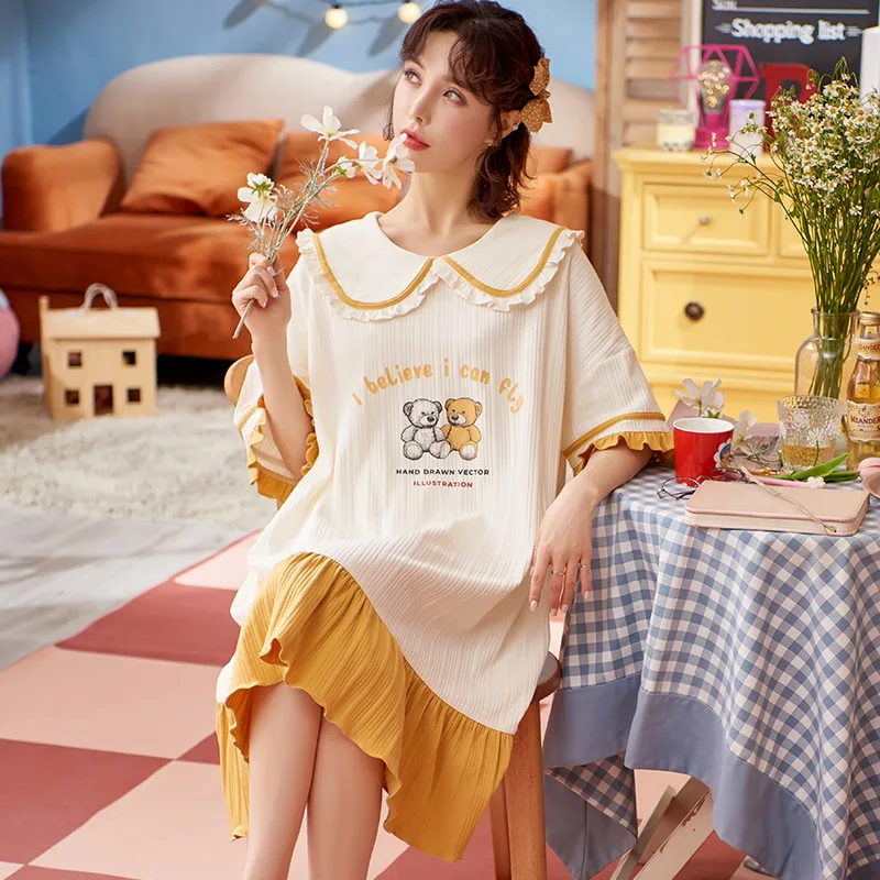 

Female Comfortable Casual Sleepwear Cute Cartoon Animal Sweet Doll Collar Nightdress Female Summer Pure Cotton Soft Plus Size